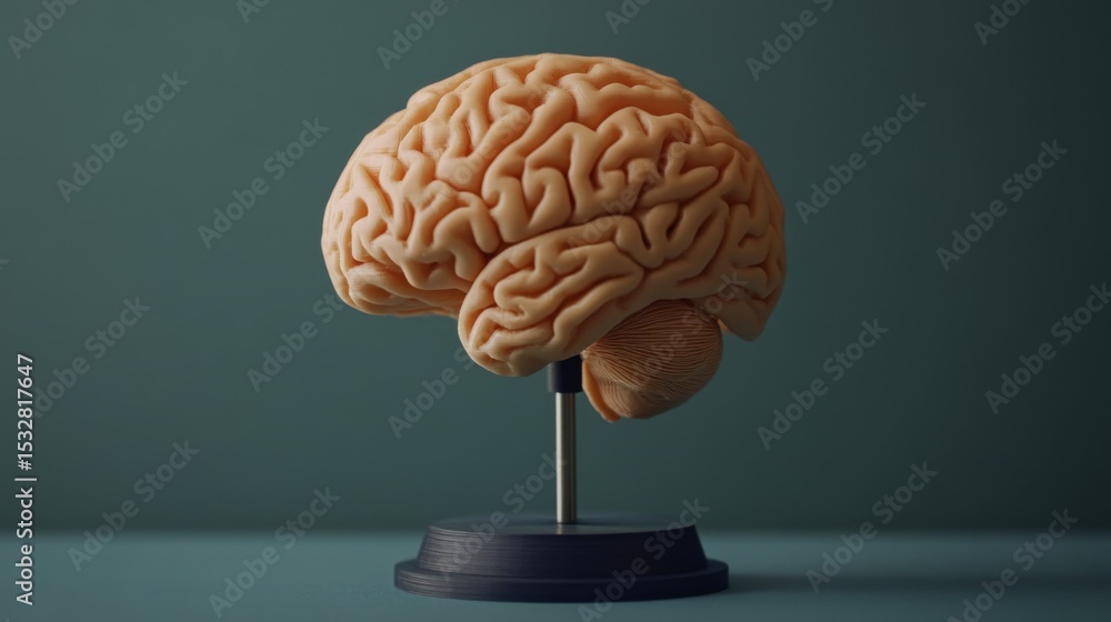 Aufkleber A high-quality shot of a D printed brain model with realistic texture and detail, positioned on a stand and illuminated for a clear view of its structure.