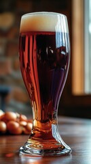 Glass of Dark Beer with Creamy Head on Wooden Table