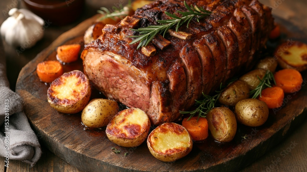 Poster a high-resolution image of a delicious pork roast with crispy skin, garnished with rosemary and serv