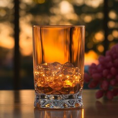 Golden Hour Whiskey Iced Drink in Rocks Glass at Sunset