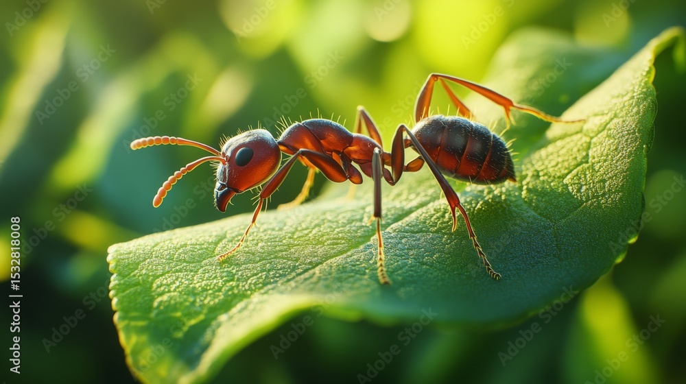 Aufkleber A high-resolution image of a single ant on a green leaf, showcasing its fine details and texture as it explores its environment in a natural setting.