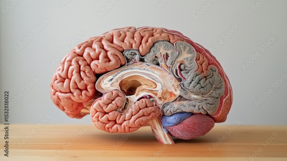 Poster a high-resolution image of a human brain dissected to reveal its internal structures, including the 