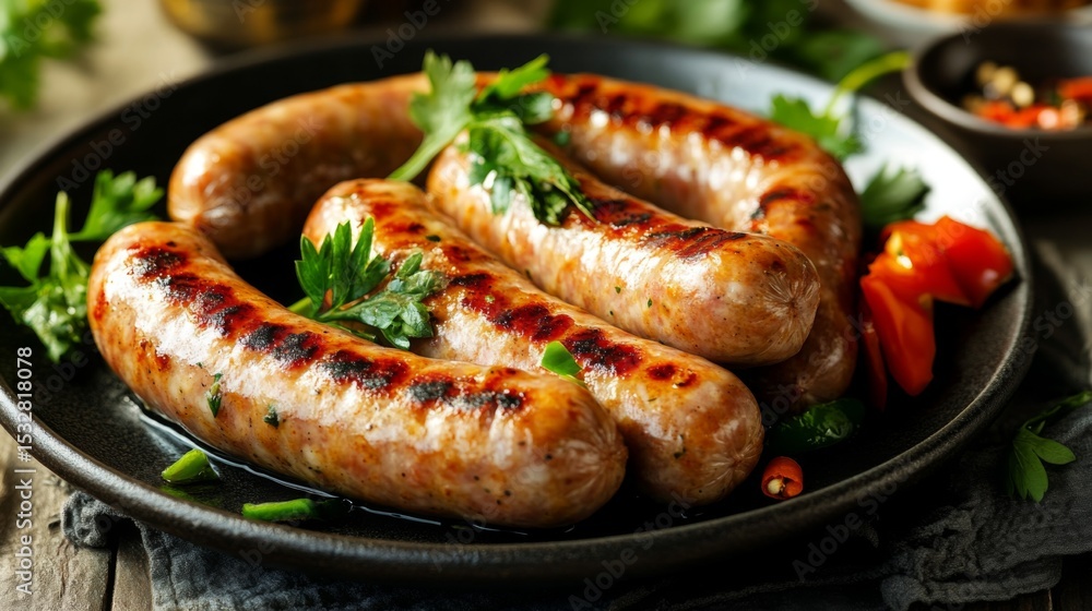 Poster a high-resolution image of a plate of cooked sausages with a focus on their juicy, plump texture and