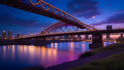 Fototapeta premium Illuminated Bridge Over River at Dusk with City Skyline