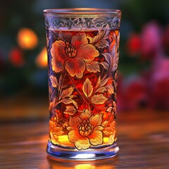 Ornate Glass of Tea with Floral Design