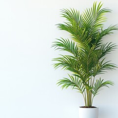 Lush Green Palm Plant in White Pot Against White Wall