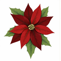 Poinsettia flower with red petals and green leaves on white background  