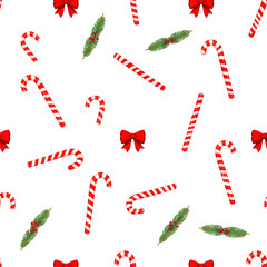 Candy canes and bows pattern on white background for Christmas design  