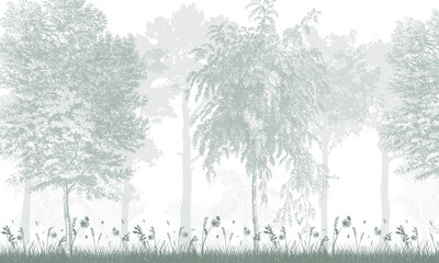 Subtle Nature Wall Mural: Faded Green Trees & Abstract Forest Background © csinie1