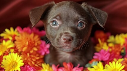 Adorable Chocolate Puppy Surrounded by Vibrant Flowers