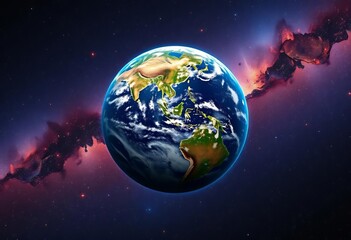 Obraz premium Earth globe in vibrant galaxy, cosmic dust and stars, science fiction, space