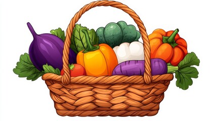 Illustrative Line Art of a Woven Basket Filled with Fresh Vegetables