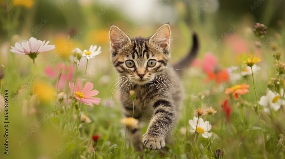 Poster a kitten hopping through a patch of wildflowers in a meadow, exploring and enjoying the fresh air.