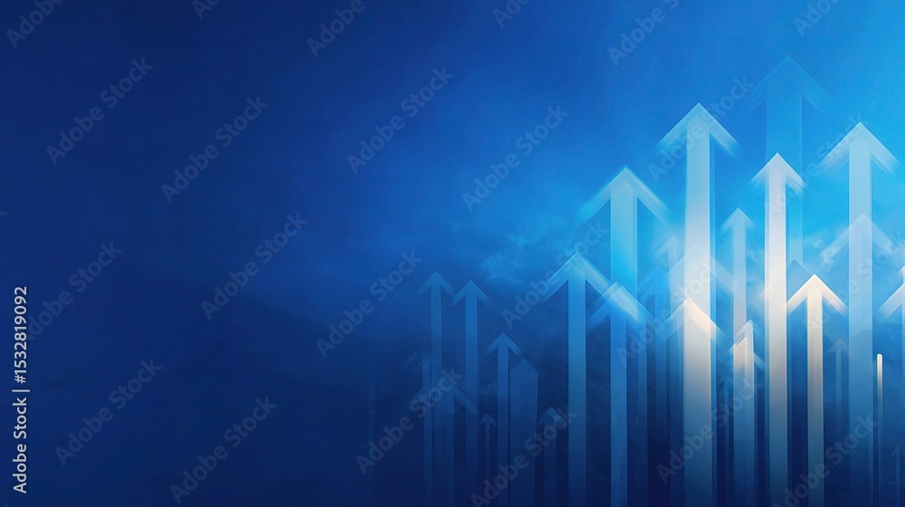 Poster blue backdrop with upward pointing arrows in various positions
