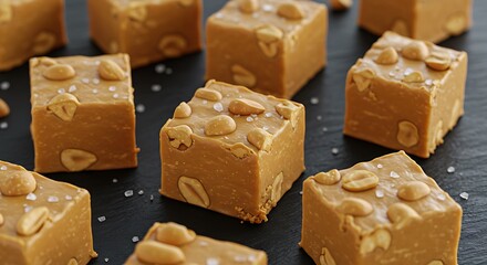 Golden fudge squares roasted peanut pieces sea salt crystals peanut butter confection