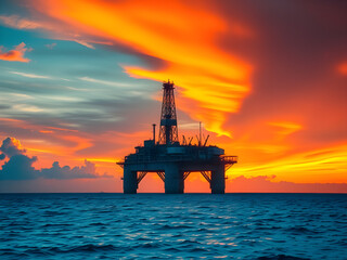 Oil rig standing strong in the ocean, sunset painting the sky. Industrial might meets nature's beauty.