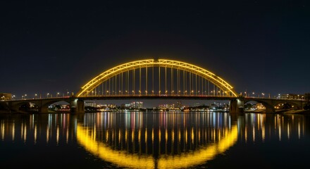 Obraz premium Illuminated bridge arching over calm water at night, city skyline reflected in the still surface