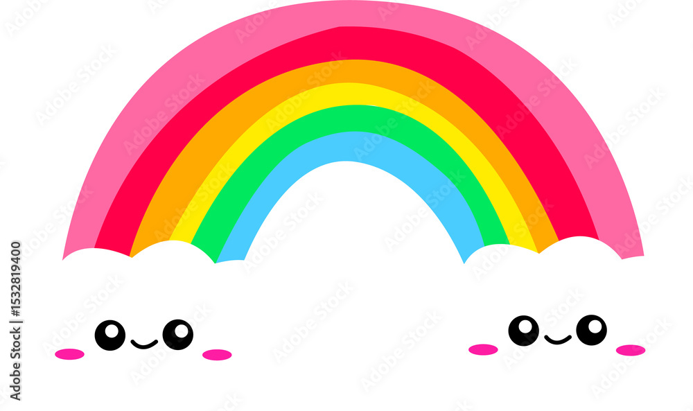 Poster flat design rainbow is connecting two smiling clouds floating on clear background with seven colors