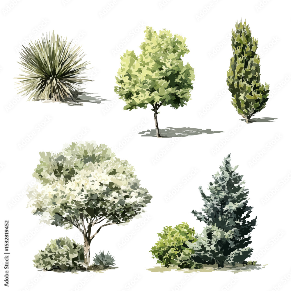 Poster varied trees and shrubs in digital vector style set. landscape and environmental planning resource c