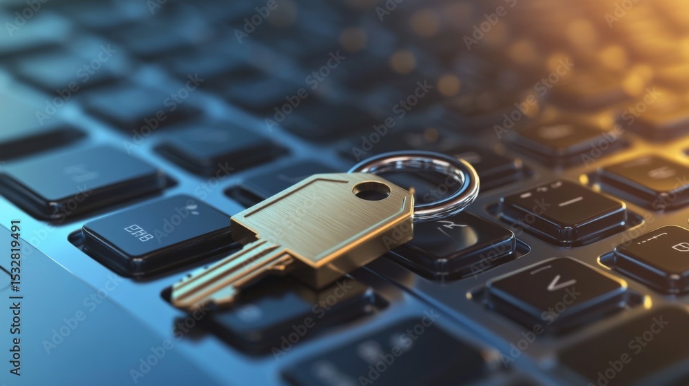 Poster A lock and key on top of a laptop keyboard, emphasizing the importance of computer security and data privacy.