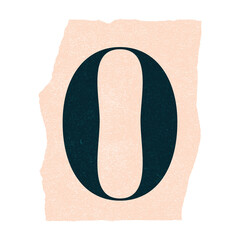 Flat design dark teal letter O is floating on peach torn paper piece, transparent background