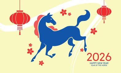 Cute minimalist year of the horse card with hanging lanterns. Lunar new year 2026 vector illustration.