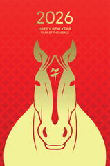 Year of the horse 2026 realistic face close-up. Zodiac horse portrait gold and red card illustration.
