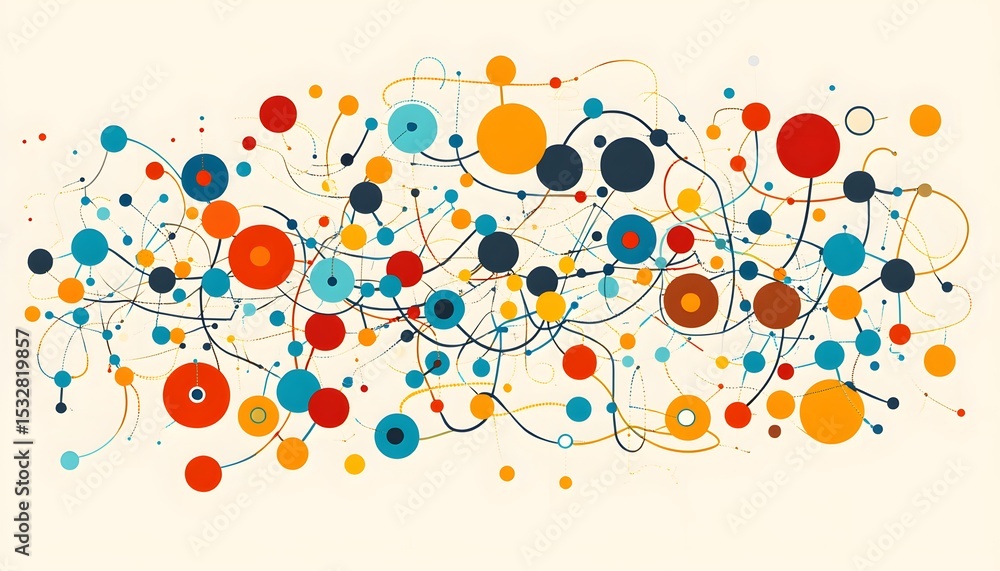 Poster colorful abstract network design with interconnected circles.