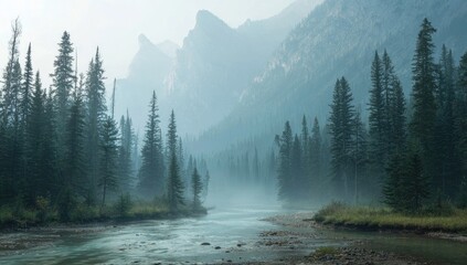 Misty mountain river valley scene with tall evergreens lining a calm stream, shrouded in smoky haze, mountains in the background