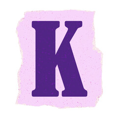 Serif letter K is showing on pink torn paper speckled flat design on transparent background