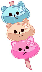 Three pastel bear popsicles are stacking on segmented stick in flat vector design, transparent