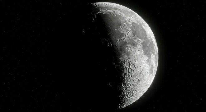 A stunning close-up showcases the moon's half-lit surface, revealing craters and textured detail against a pitch-black backdrop