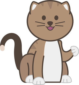 Fototapeta Cartoon cat is sitting upright on transparent background, displaying striped fur and pink tongue