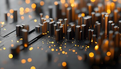 Abstract city composed of geometric shapes with warm lighting.