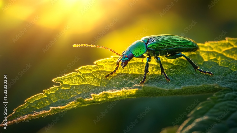 Poster A macro image of a beetle crawling on a leaf, with sunlight illuminating its shiny body and the intricate details of the leaf surface