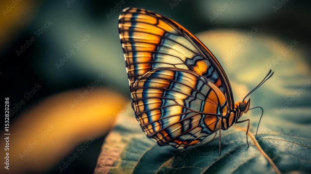 Poster A macro photograph of a butterfly resting on a leaf, with its colorful wings spread wide, emphasizing the intricate patterns and textures