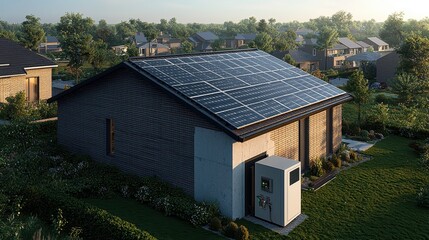 Modern house with solar panels on roof and panel junction box visible on exterior wall in suburban neighborhood aerial view
