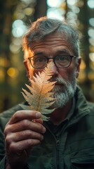 Olympic rainforest botanist with glasses examining detailed fern fronds in weathered hands, golden forest lighting, natural bokeh background