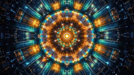 Solar panel pattern kaleidoscopic abstraction grid patterns transformed radial burst jewel-toned palette reflected perspective mandala sapphire emerald amber