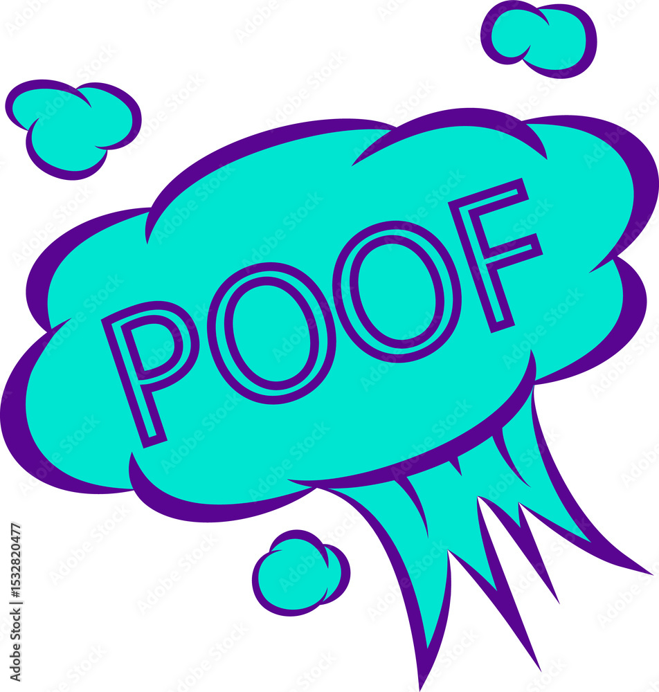 Poster flat cartoon explosion is popping on transparent background with poof text and small puffs