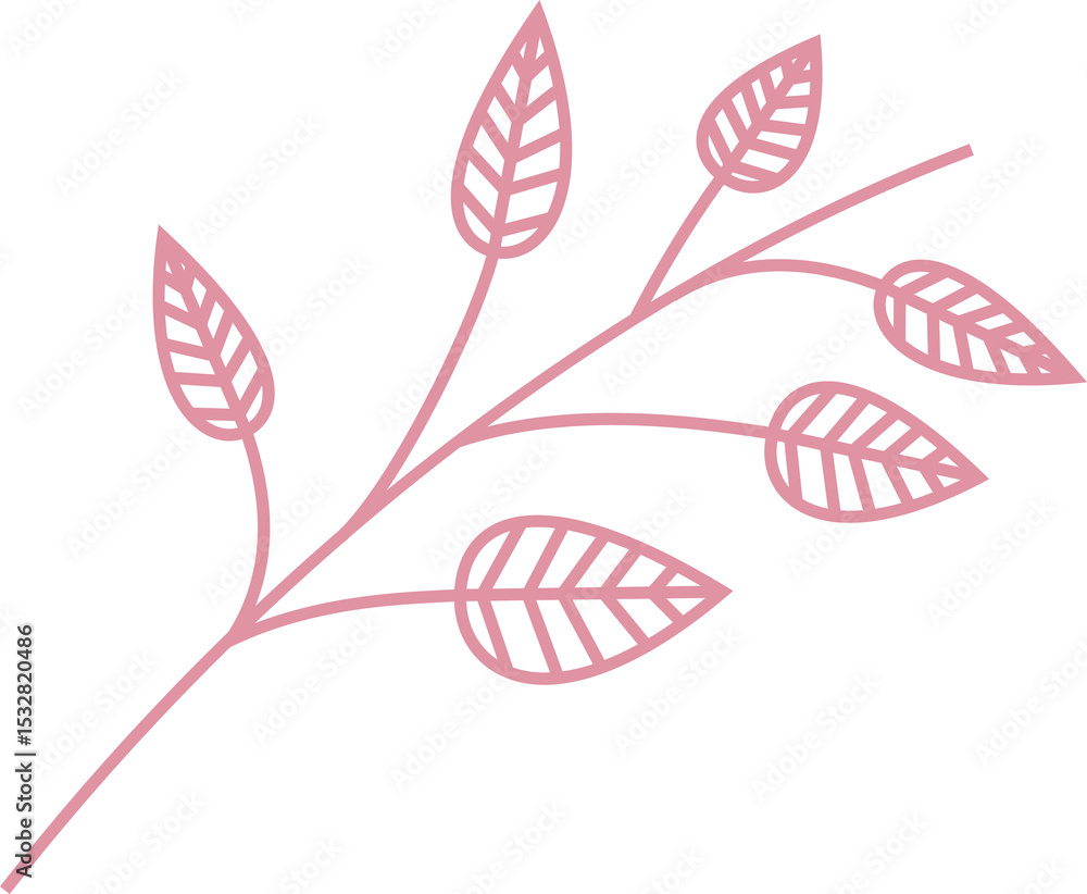Poster pink line art is showing stylized botanical branch with outlined leaves on transparent background