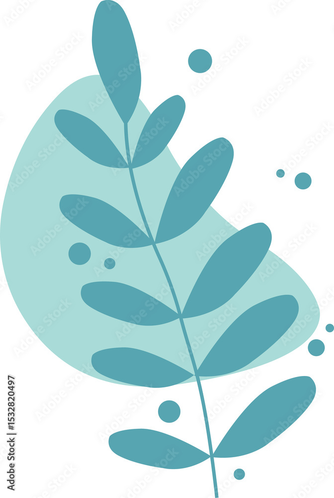 Poster Stylized leafy branch is hovering over irregular teal blob with dot pattern, transparent background