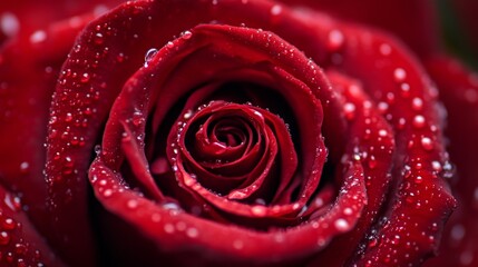 Naklejka premium A macro shot capturing the spiral center of a red rose, with water droplets glistening on the tightly curled petals, symbolizing passion and beauty.