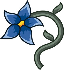 Flat blue blossom is floating on clear backdrop, featuring gradient petals, disk, stem and leaves