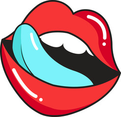 Cartoon-style is showing glossy red lips with bright turquoise tongue on transparent background © vectorfusionart