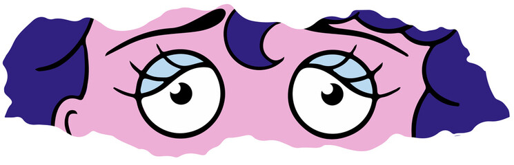 Cartoon face showing eyes with blue eyelids, purple hair over pink forehead, transparent background