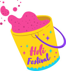 Vector graphic is showing yellow Holi bucket pouring pink dust and stars, transparent background