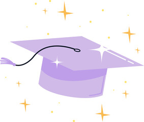 Fototapeta premium Floating purple tasseled mortarboard on flat transparent scene shining gold-white stars, copy space