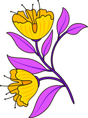 Vector art is showing two yellow blooms on purple stem with purple leaves on transparent background