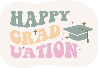 Flat vector graduation design is featuring pastel text with cap, sparkles on transparent backdrop